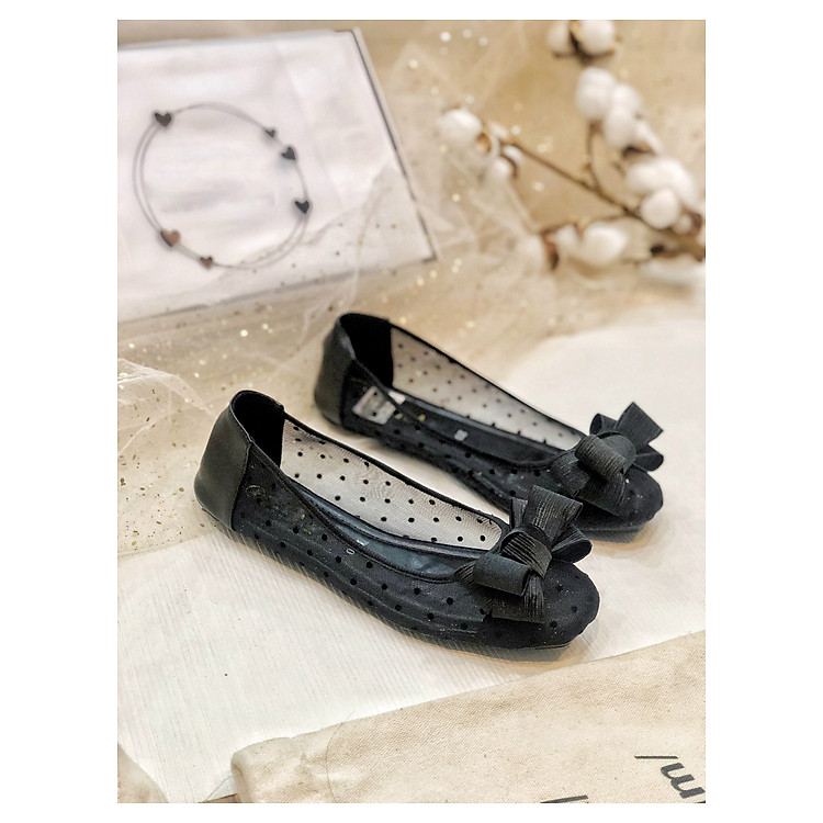 Giày búp bê lưới chấm bi đính nơ