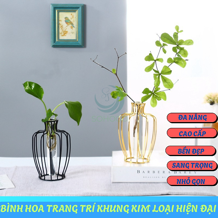 Lọ Hoa Trang Trí Khung Kim Loại Sang Trọng- Bình Hoa Thủy Tinh Kèm Khung Sắt Nghệ Thuật- Lọ Hoa Phong Cách Bắc Âu - Bình Hoa Decor Nội Thất Hiện Đại- Lọ Hoa Khung Sắt Kèm Ống...
