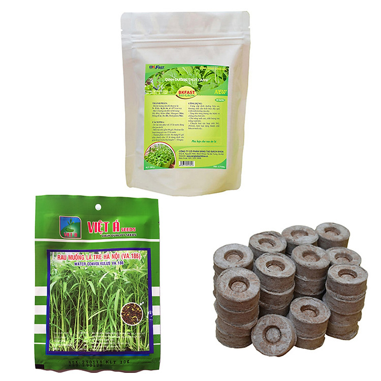 Combo 1 túi dinh dưỡng thủy canh 260g, 01 túi 36 viên xơ dừa, 1 túi hạt giống