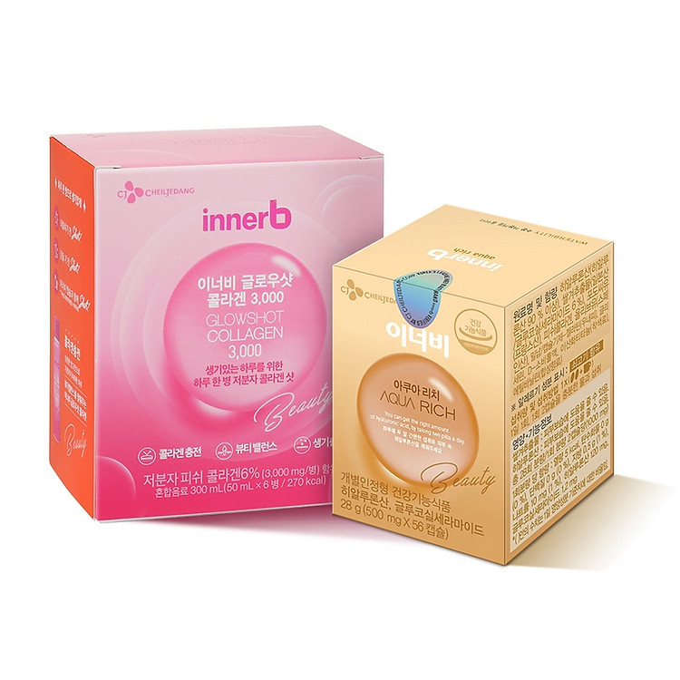Bộ đôi cấp ẩm, sáng da, làm đẹp da Innerb Aqua Rich lọ 56 viên & nước uống Collagen hộp 6 chai (50mlx6) - Sản Phẩm Chính Hãng