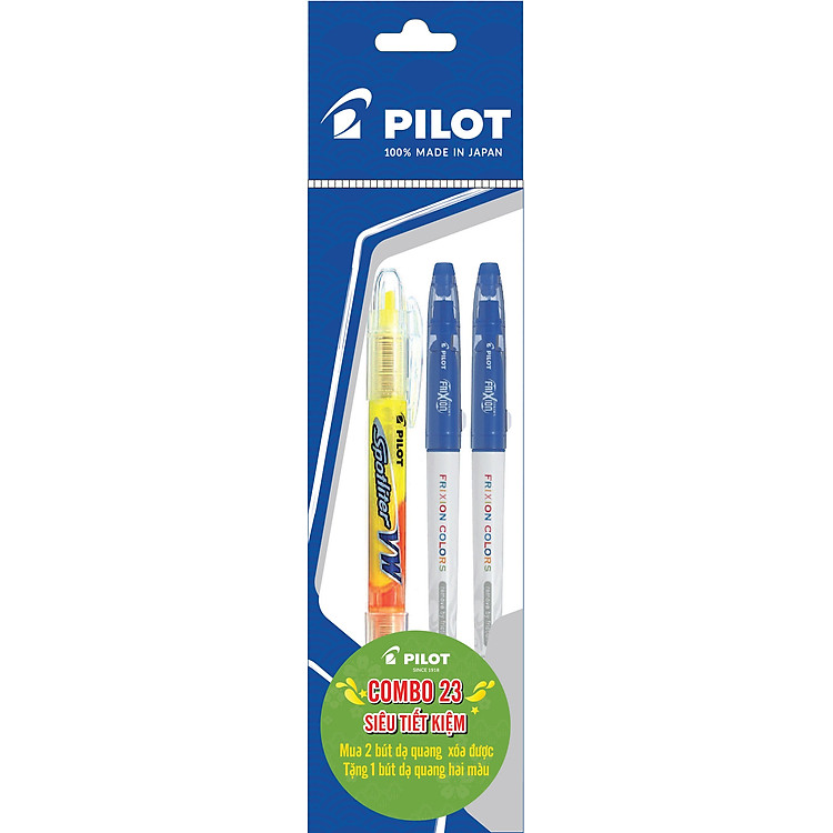 Combo Pilot 23 : 2 dạ quang xóa được Frixion Colors xanh dương + 1 dạ quang 2 màu vàng-cam