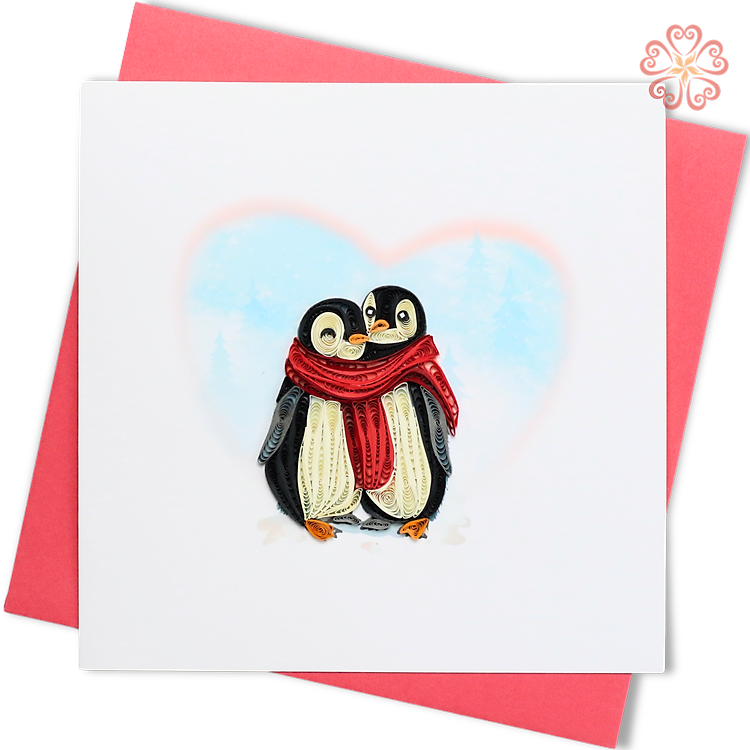 Thiệp Giấy Xoắn Nghệ Thuật - Thiệp Tình Yêu Chim Cánh Cụt - Penguin Love Greeting Card - Love Valentine - 15 x 15 - VN2XM115D69NN