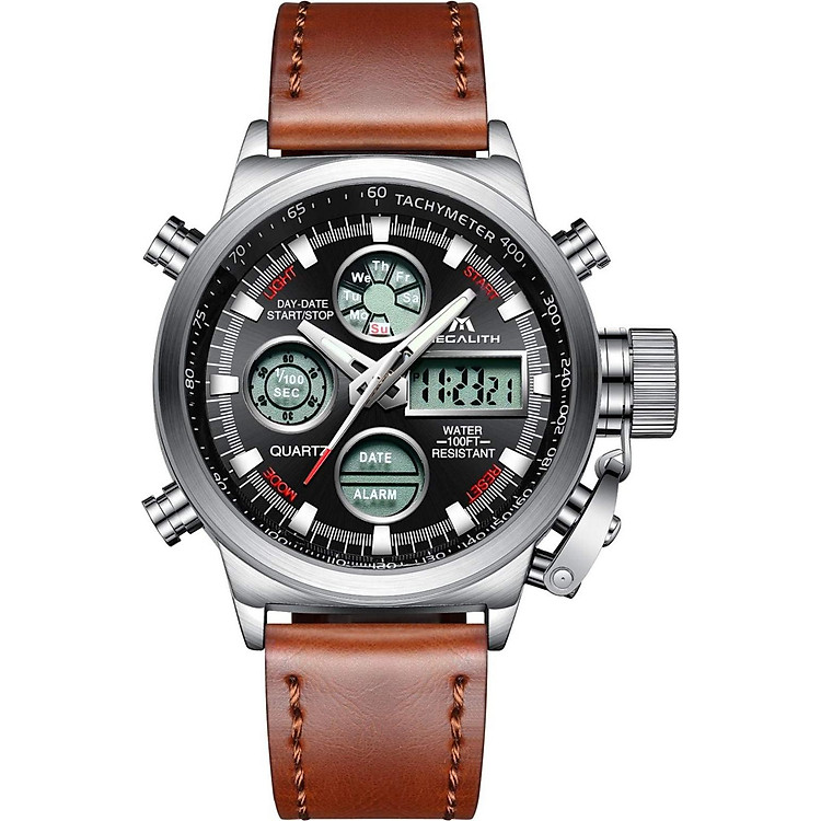 Mens Sports Watches Men Military Waterproof Big Face Analog Digital Brown Leather Band Wrist Watch (Silver)