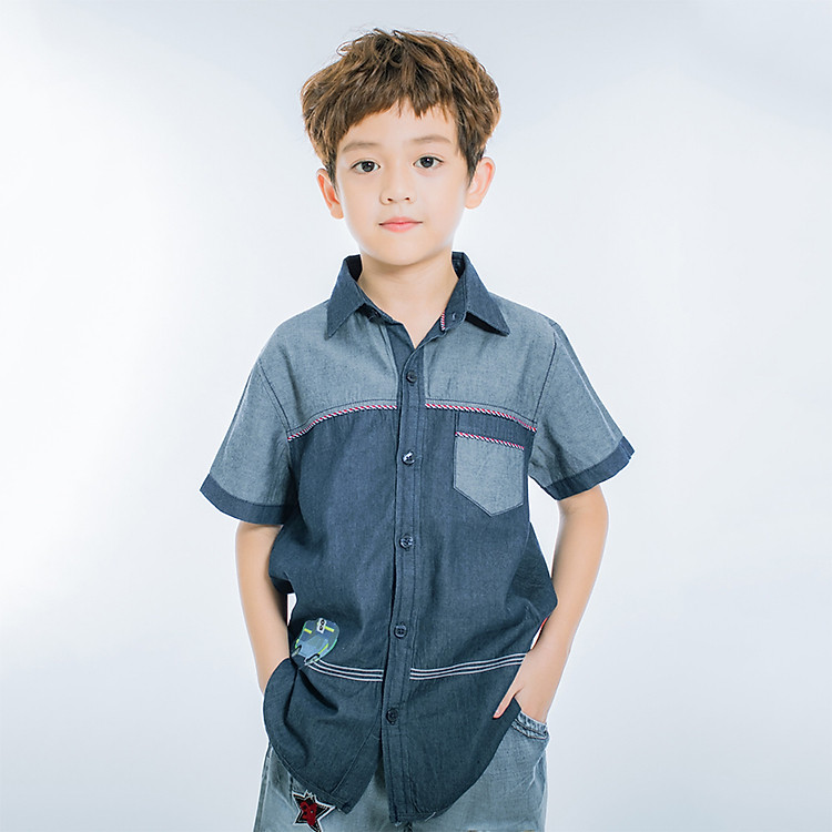 Áo Sơ Mi Jean Tay Ngắn Bé Trai V.T.A.Kids 18111061 - Xanh Đậm