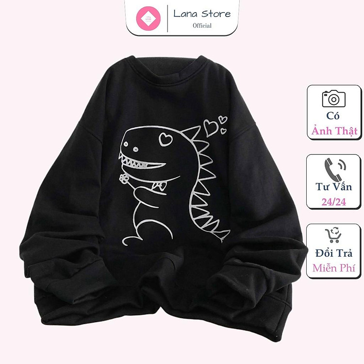 Áo Sweater Nỉ Ngoại In Khủng Long Áo Swt Nỉ Tay Phồng Unisex In Sắc Nét