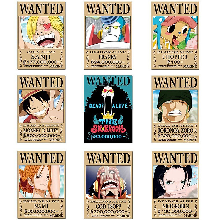 Bộ 9 tấm poster anime dán tường Wanted Băng Mũ Rơm - One Piece