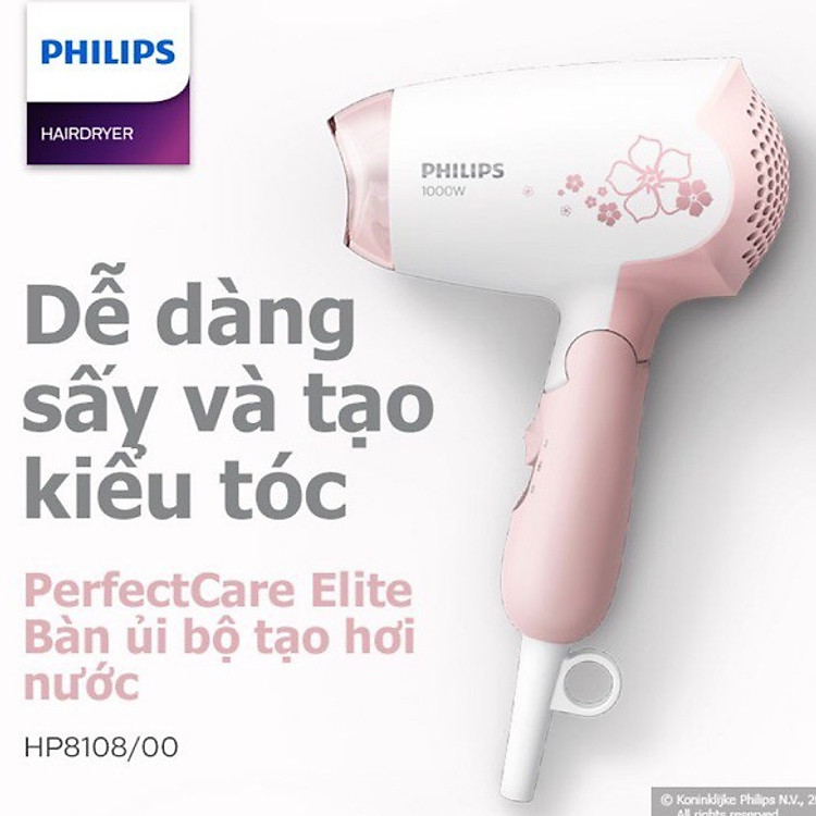 Máy sấy tóc mini gấp gọn Philips HP8108, công suất 1000W, an toàn bảo vệ tóc, bảo hành 2 năm|Hàng Chính Hãng