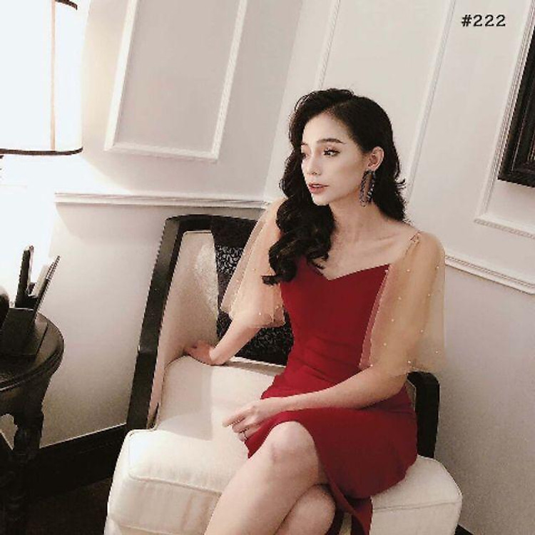 Đầm body đỏ tay lưới da (có ảnh thật)