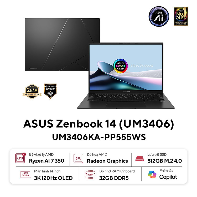 ASUS Zenbook 14 UM3406KA-PP555WS (RYZEN AI 7 350 | AMD Radeon | 14 inch 3K OLED | 32GB LPDDR5X | 512GB | Windows 11 Home | Đen) - HÀNG CHÍNH HÃNG