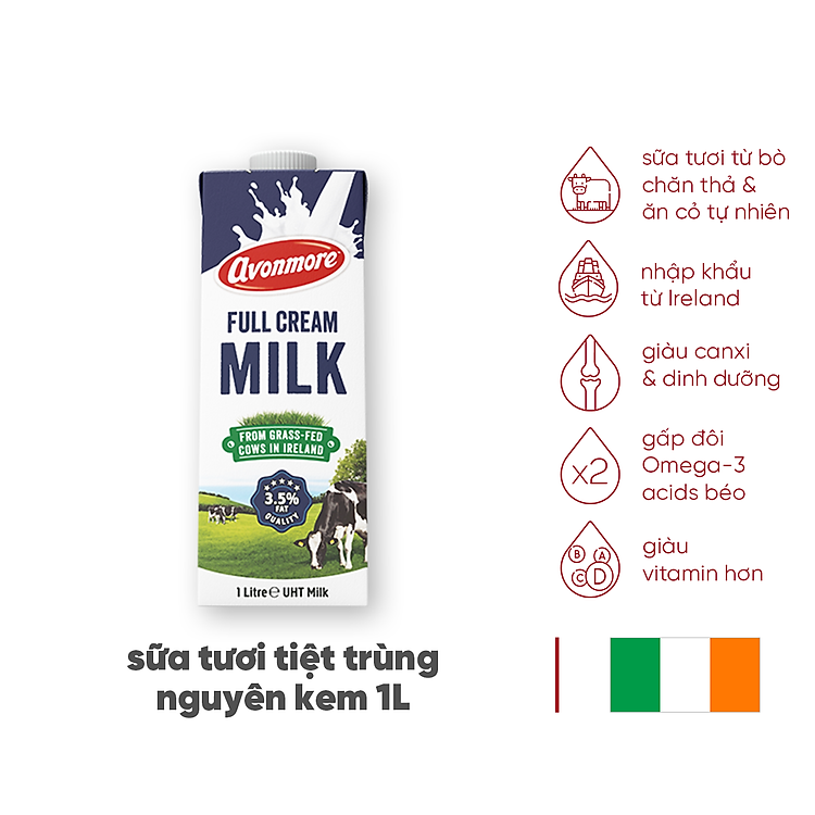 Sữa tươi nguyên chất tiệt trùng (không đường) Avonmore UHT Full Cream Milk 1L