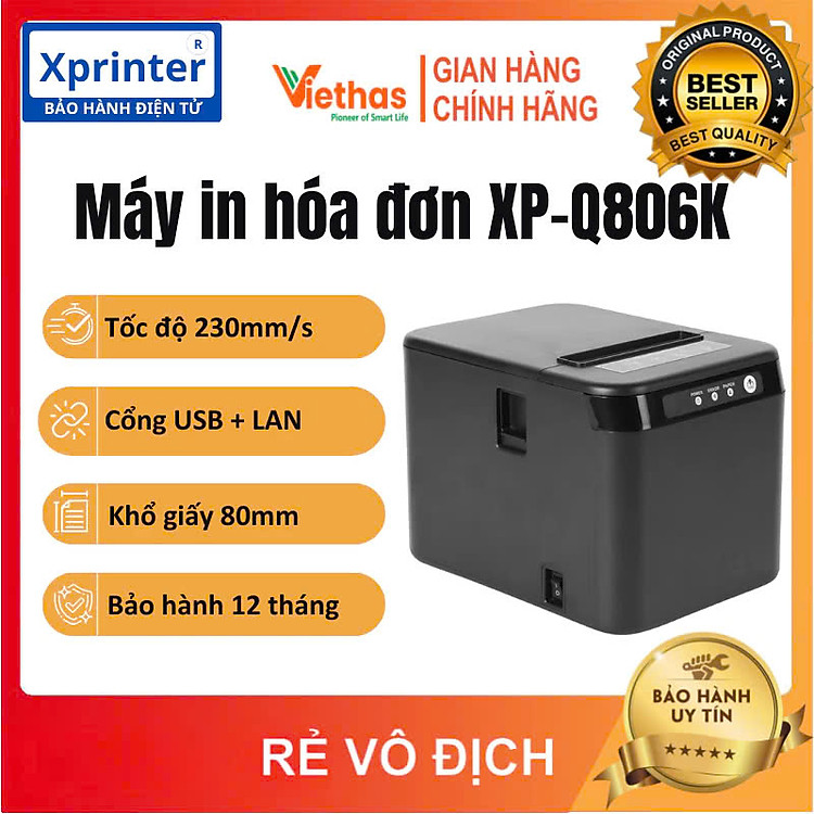 Máy in hóa đơn K80 Xprinter XP-Q806K Cổng USB + LAN in bill bằng Máy Tính, Máy Pos, Điện Thoại - Hàng chính hãng