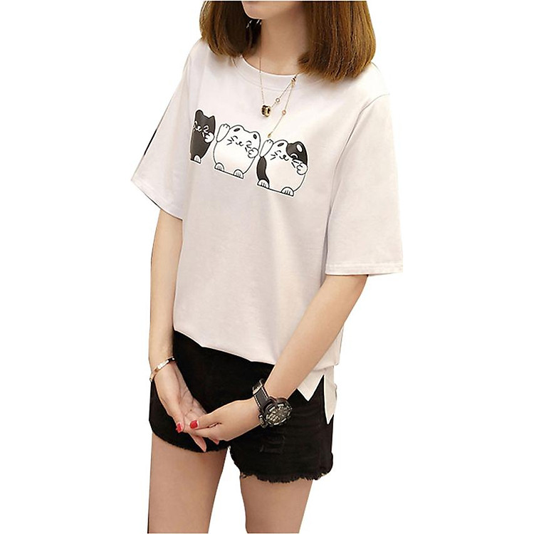 Áo thun nữ con mèo dễ thương màu trắng d467 thương hiệu T&d
