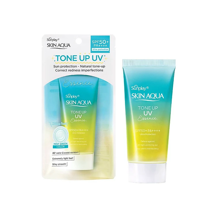 Kem chống nắng nâng tông Skin Aqua Tone up Mint Green cho da trắng có khuyết điểm đỏ, dạng tinh chất Sunplay Skin Aqua Tone Up UV Essence Mint Green SPF 50+ PA++++ 50g