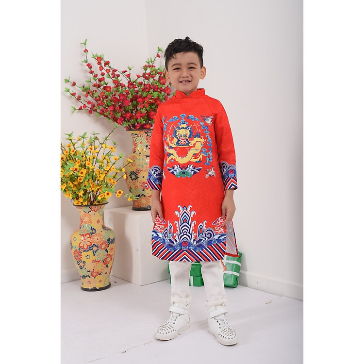 Áo dài cách tân bé trai cao cấp ADBT007 in hình rồng uốn lượn nhỏ