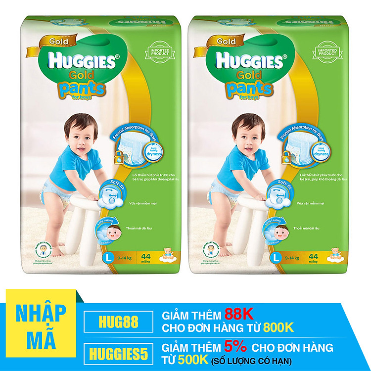 Combo 2 Gói Tã Quần Nhập Khẩu Cao Cấp Huggies Gold Bé Trai Gói Đại L44 (44 Miếng)