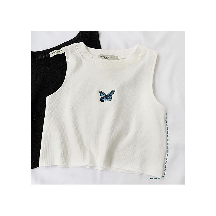 Áo croptop nữ 3 lỗ thêu bướm chất cotton mịn cực xinh