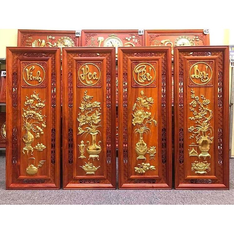 Tranh đông bích tứ quý bốn mùa trong năm xuân ,hạ, thu, đông ,bằng gỗ hương đỏ kt 41×109×3cm