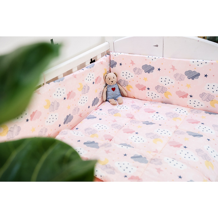 4 tấm quây chắn cũi và ga chun cotton mẫu sao hồng