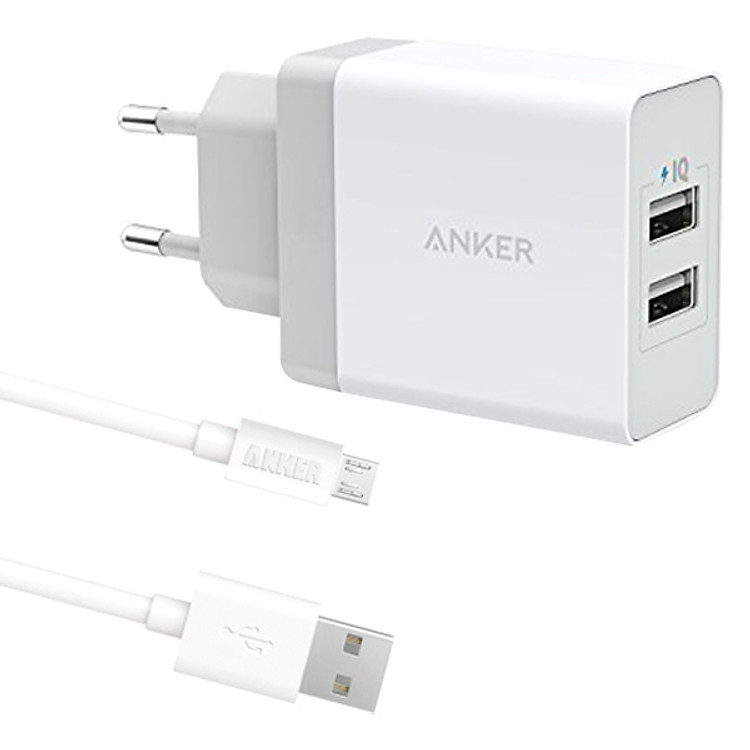 Bộ Adapter Sạc 2 Cổng Anker PowerPort 24W Và Cáp Micro USB 0.9m - B2021 - Hàng Chính Hãng
