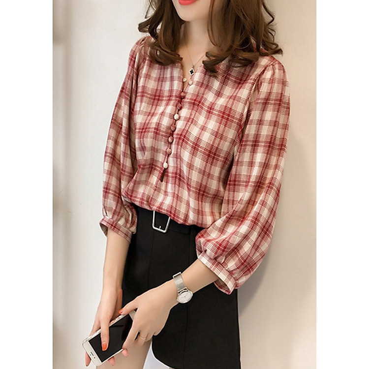 Áo Sơ Mi Nữ Công Sở Cổ V Form Rộng Tay Bồng Kẻ Caro Ohazo! AG36