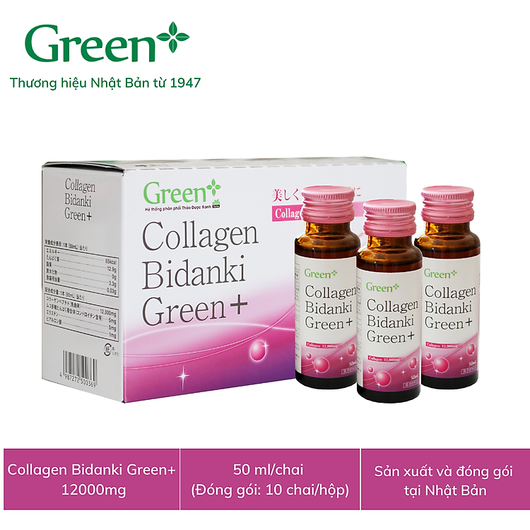 Nước uống đẹp da Collagen Nhật Bản - Collagen Bidanki Green+ 12.000mg Collagen peptide từ cá