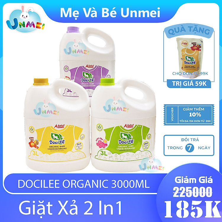 Nước giặt xả quần áo 3 Lít em bé Docilee Organic Thái Lan, An Toàn Dịu Nhẹ Cho Làn Da Trẻ Nhỏ - Mevabeunmei