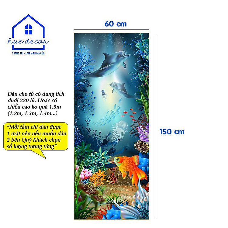 Decal dán tủ lạnh mẫu cá heo - Chất liệu chống nước, phù hợp với mọi loại tủ