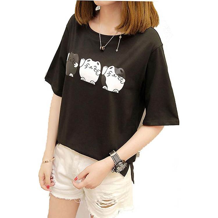 Áo thun nữ con mèo dễ thương T&D d466 màu đen