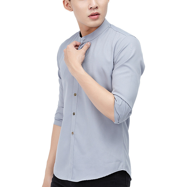 Áo Sơ Mi Nam Xám Trơn Cổ Tàu Vải Lụa Thái Chống Nhăn