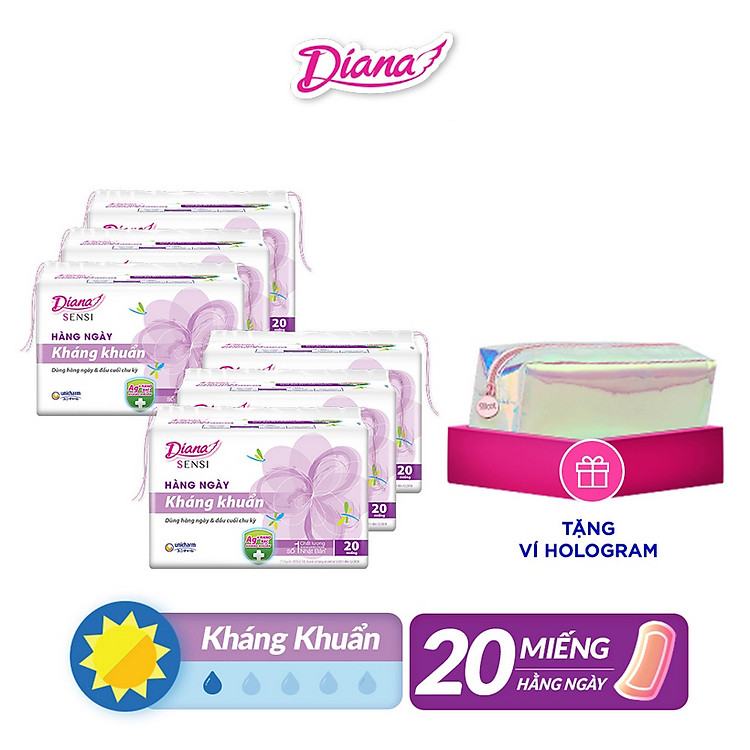 Bộ 6 Gói Băng Vệ Sinh Diana Hàng Ngày Sensi Kháng Khuẩn (20 Miếng/Gói) Tặng Ví Hologram