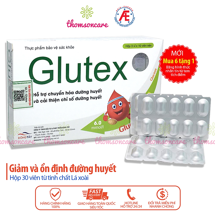 Glutex - Hỗ trợ ổn định đường huyết, giảm tiểu đường từ mướp đắng, lá xoài - Hộp 30 viên