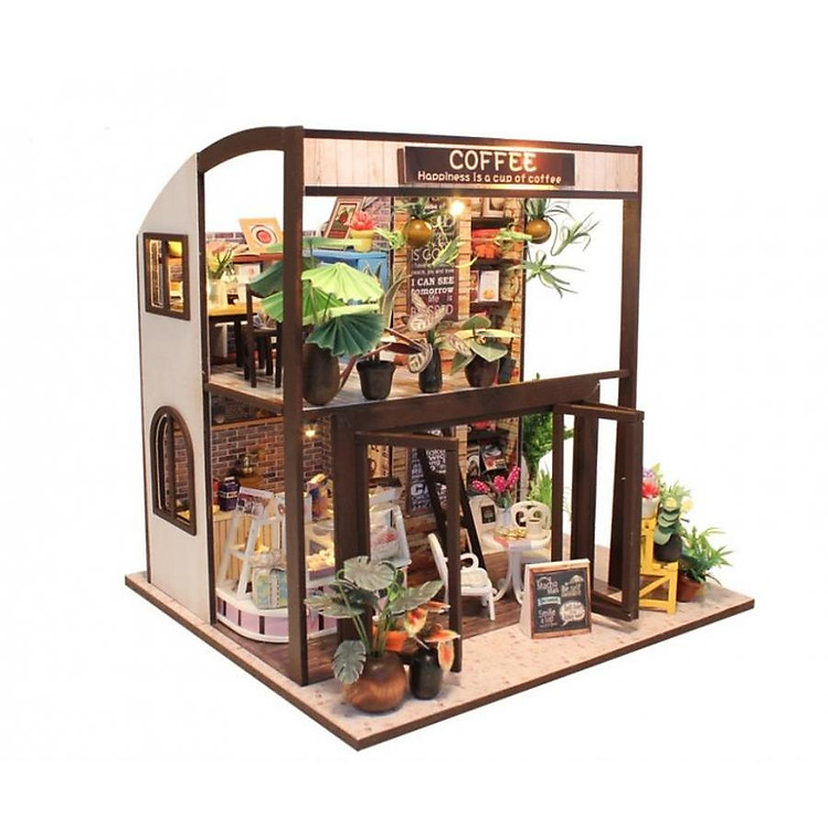 Mô hình nhà búp bê I-DIY COFFEE HOUSE cây xanh phong cách Hanabusa (+ mica + keo dán)