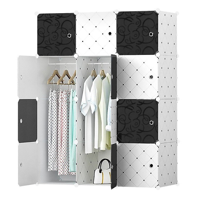 Tủ Nhựa Ghép Đa Năng 12 Ô Caro Trắng, Cánh Caro Đen-Trắng 12.CT.81 (47 x 110 x 145 cm)