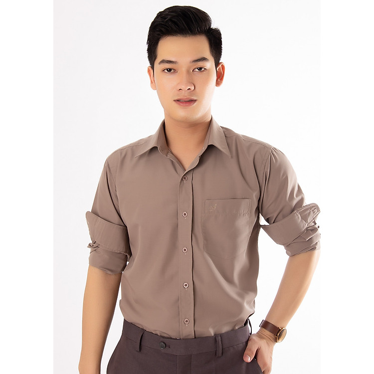 Áo sơ mi nam Amazing trơn tay dài màu nâu đất