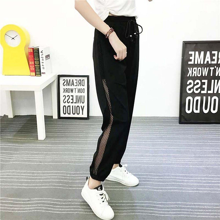 Quần Jogger Nữ Thể Thao Phối Lưới Hông Cạp Chun Chất Sạn