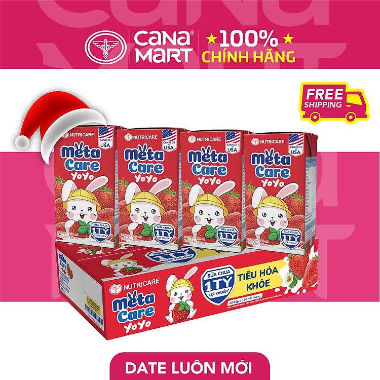 Thùng sữa uống dinh dưỡng vị chua Nutricare Metacare Yoyo tinh anh cao lớn hương cam, dâu, đào (110ml x 48 hộp)