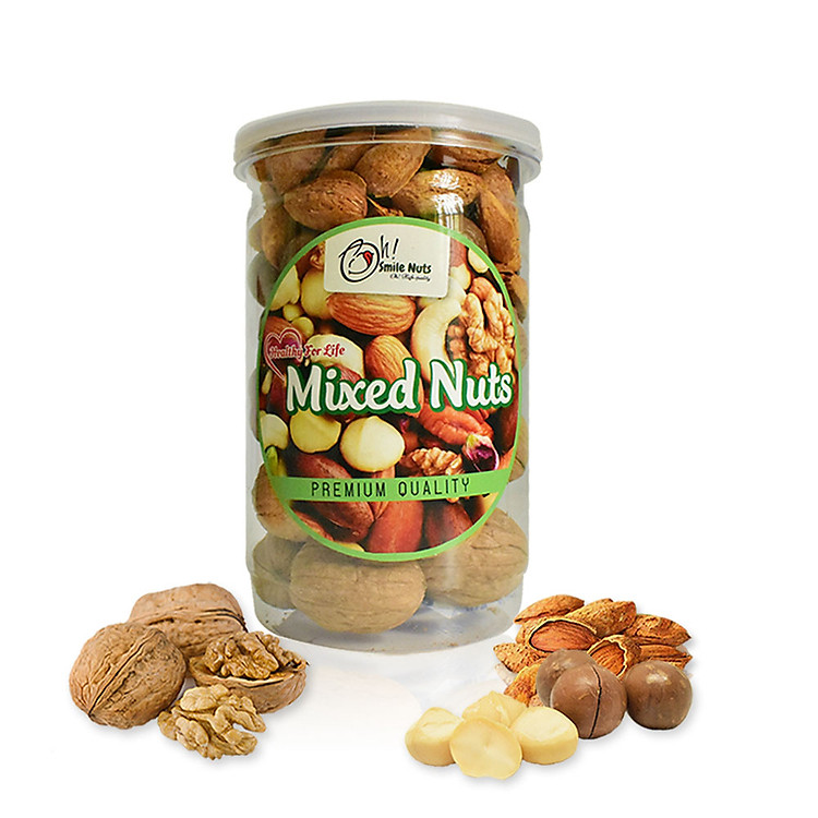 Hộp 400g Mix 3 loại hạt Smile Nuts (Macca, Óc Chó, Hạnh Nhân rang bơ)