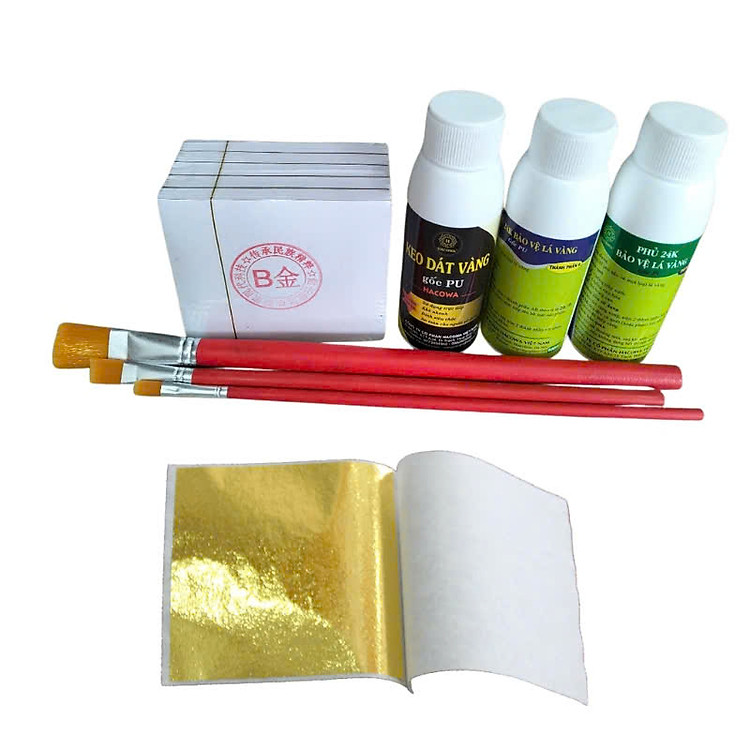 Combo dát vàng gốc Pu gồm 500 lá vàng kèm phụ kiện, dát trên gỗ, kim loại, nhựa, đá, thủy tinh, gốm sứ