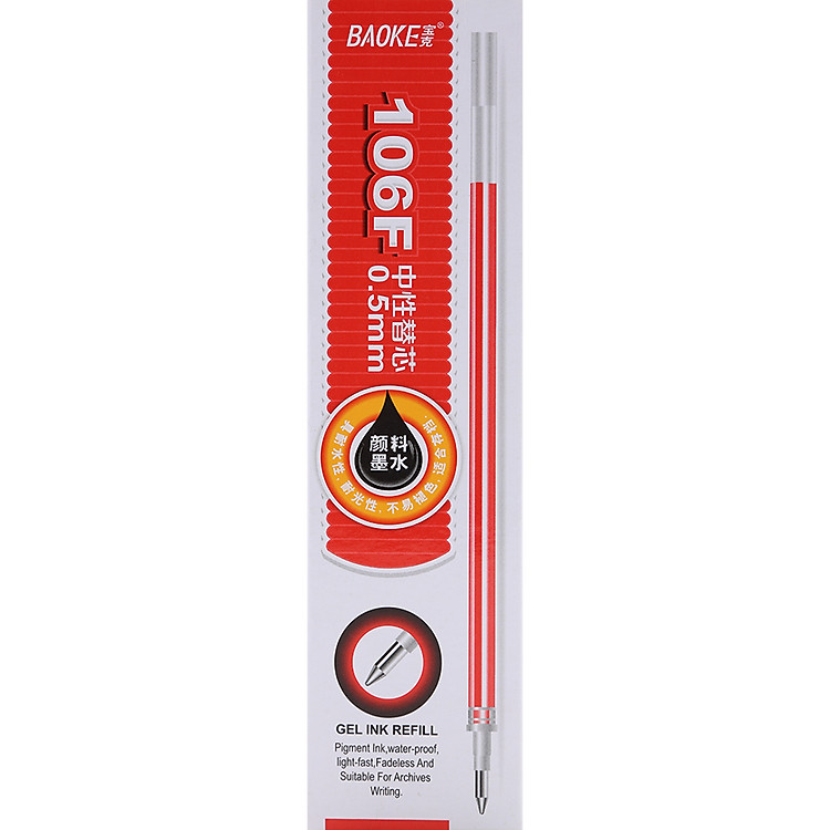 Hộp Ruột Viết Nước Baoke 106F (20 chiếc, ngòi bi 0,5mm, màu đỏ)