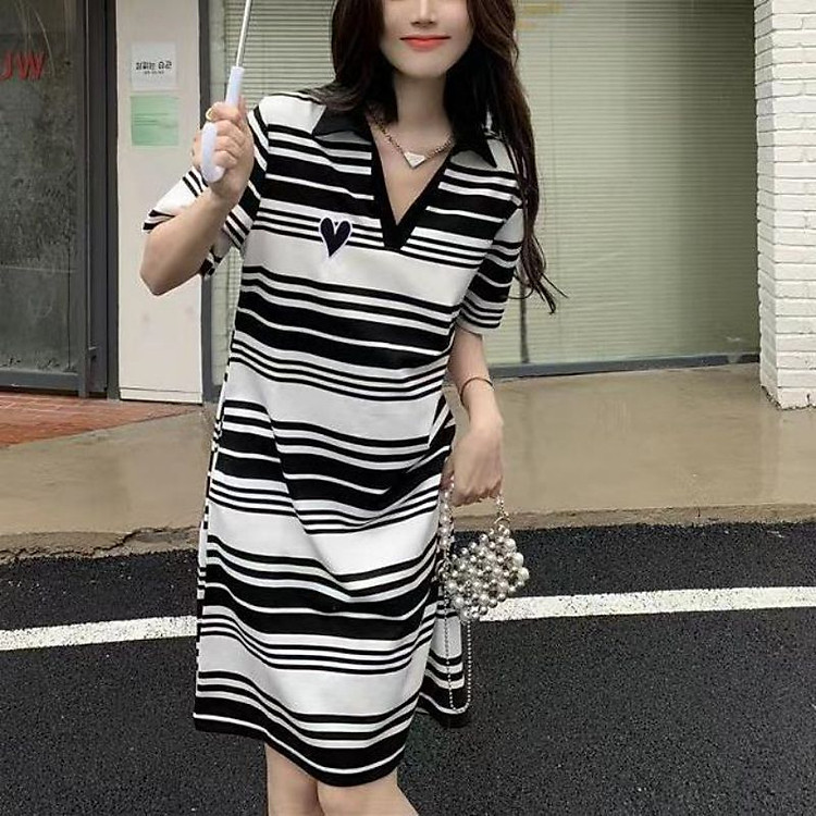 Váy polo nữ dáng dài suông bigsize LEN CỔ V THÊU TIM SP1379