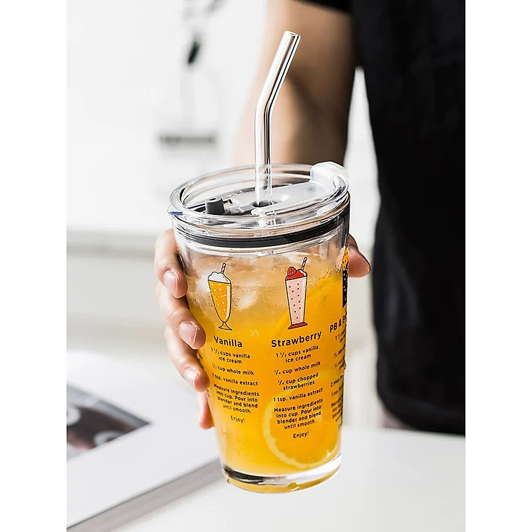 Ly Thủy Tinh Trong Suốt Có Nắp Kèm Ống Hút 450ML - Tặng 1 khăn lau mặt 30x40cm