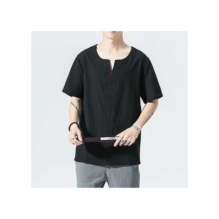 Áo Linen Cổ V Trơn Nam Tay Ngắn