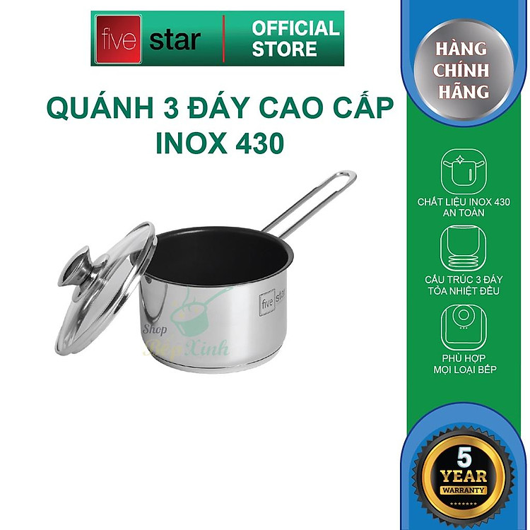 Quánh 3 đáy inox 430 Fivestar Standard nắp kính bếp từ ( 12cm/14cm/16cm ) , tặng 1 vá canh