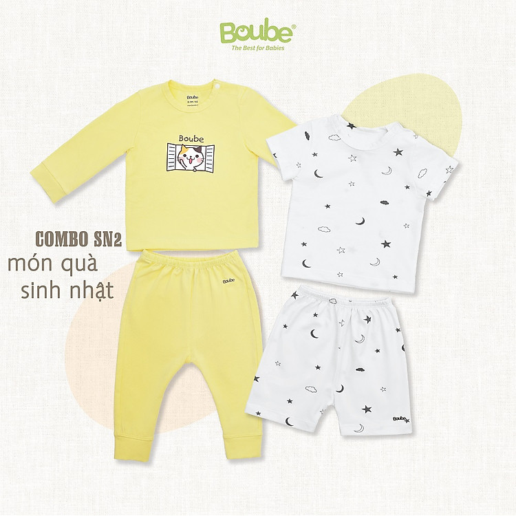 Combo SN02 quà tặng sinh nhật 1 tuổi đáng yêu cho các em bé Boube, Vải cotton organic thoáng mát - Size 9-18M