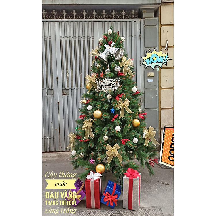 Cây thông noel cước đầu vàng gắn trái đỏ 1m5 - Ảnh 2