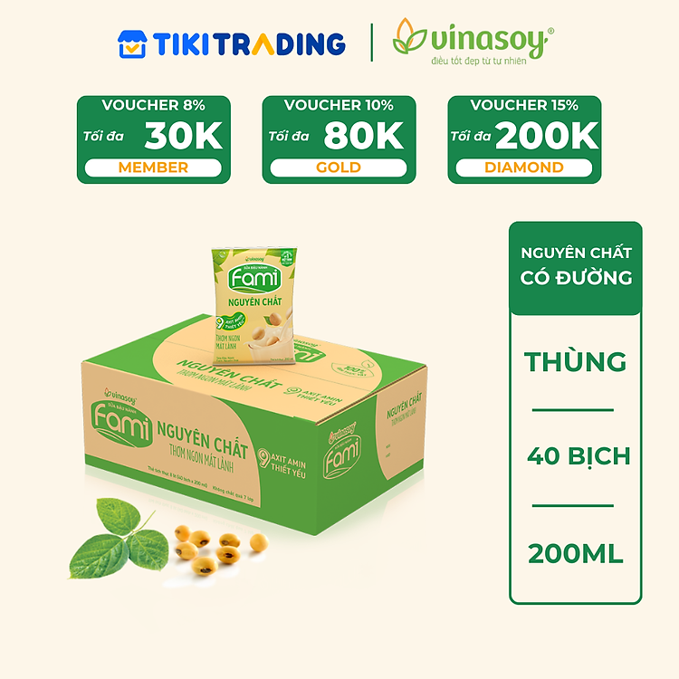 Thùng Sữa đậu nành Vinasoy Fami nguyên chất (200ml x 40 Bịch)