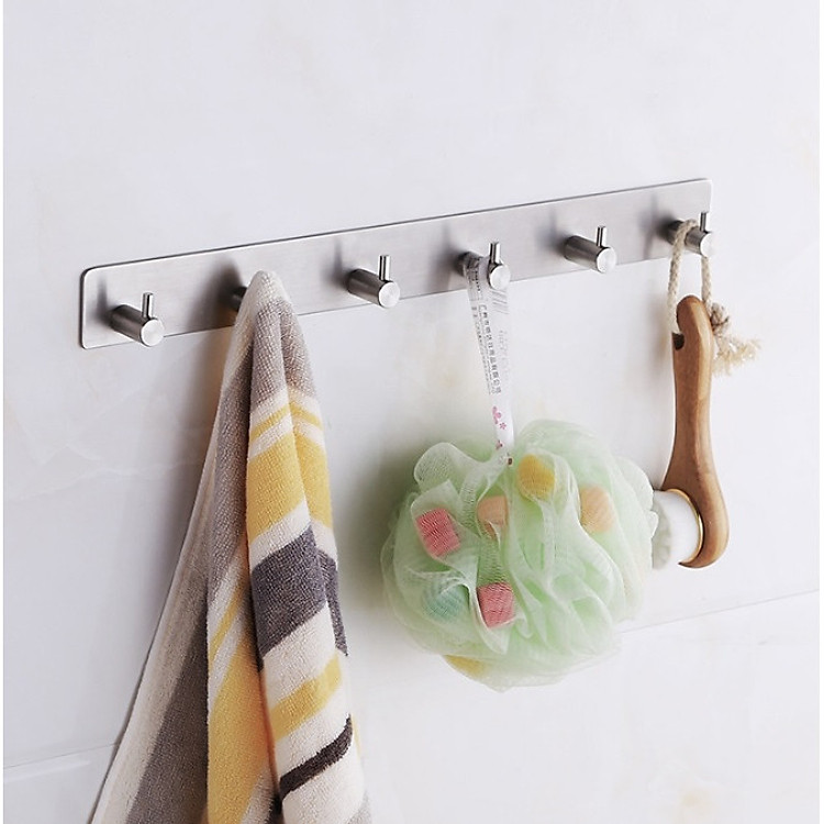 Móc Treo Quần Áo, Thanh INOX SUS304 6 Chấu dán tường sủ dụng keo 3M siêu dính - Tặng 1 Móc Inox dán tường