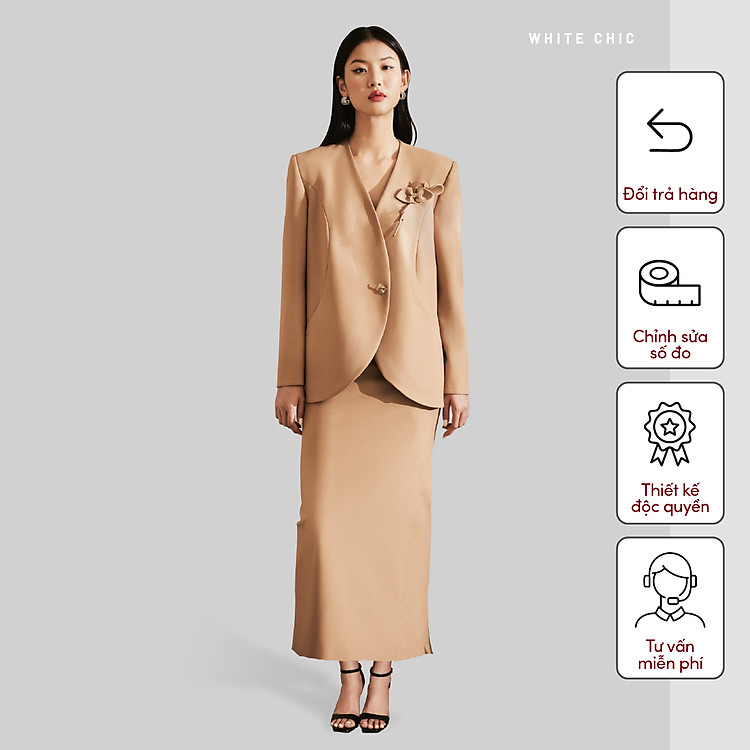 Set áo blazer nữ vạt buông tròn đính kèm hoa cài thủ công & váy bút chì OLIVE thiết kế cao cấp WHITE CHIC