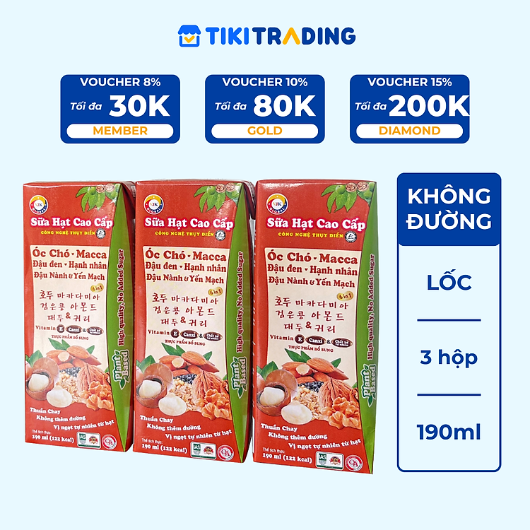 Lốc 3 hộp sữa hạt cao cấp Óc chó - Macca - Đậu Đen - Hạnh Nhân - Đậu Nành & Yến Mạch không thêm đường 190ml