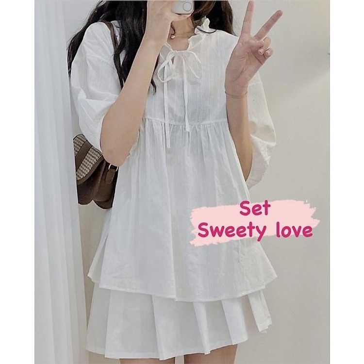 Set áo babydoll kèm chân váy tennis ulzzang - Set Sweetylove kẹo ngọt